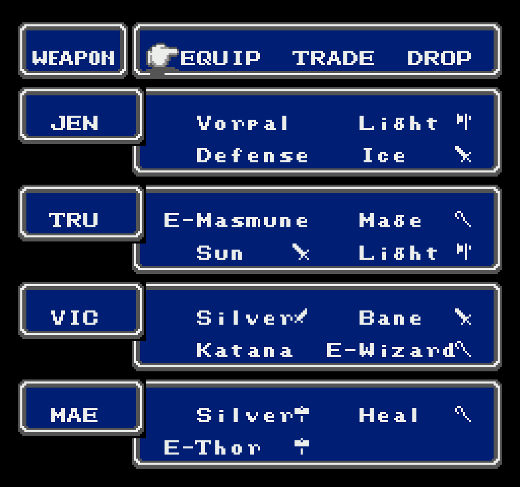 The equipment screen with the Masamune equipped on TRU