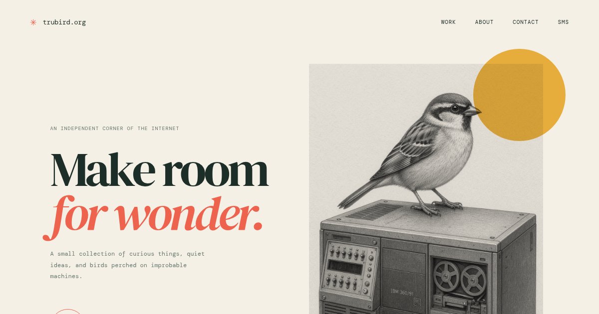 trubird.org 预览：一只铅笔素描的麻雀停在一台老式计算机上